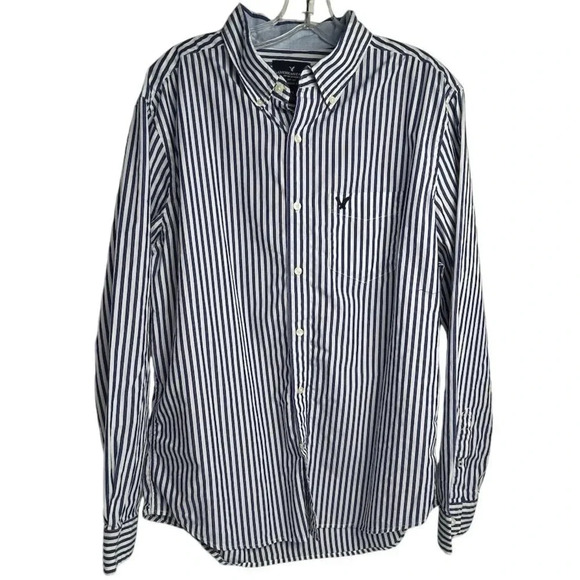 American Eagle Men's L Blue Striped Long Sleeve Button-Up Shirt Casual - Picture 1 of 8